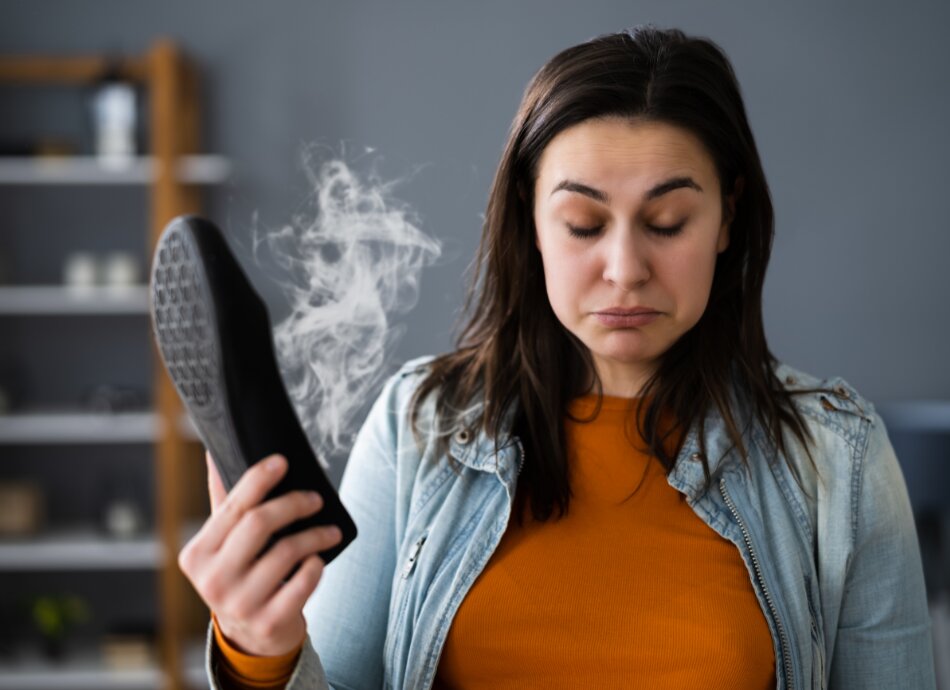 Woman reacting to bad smell coming from shoe