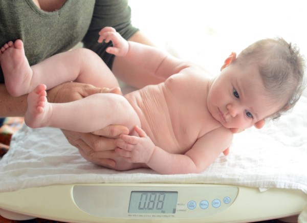 Baby being weighed at home
